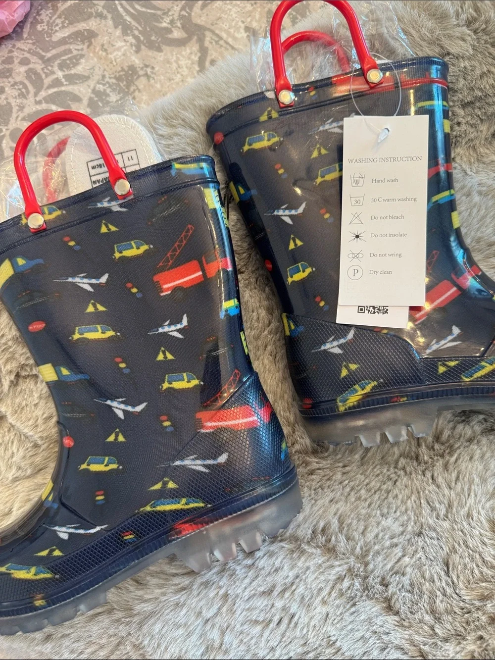 Kids Navy Rain Boots with Red and Yellow Vehicle Print. They light up!!!